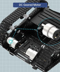 Close-up of DC geared motor on Beefy All Metal Tank Chassis With DC Geared Motor And Shock Absorbing Suspension For A Full Track Robotic Moving Platform Compatible With Arduino Raspberry Pi Jetson DIY Maker Smart Robot Car Learning Kit Black.