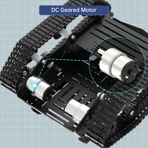 Close-up of DC geared motor on Beefy All Metal Tank Chassis With DC Geared Motor And Shock Absorbing Suspension For A Full Track Robotic Moving Platform Compatible With Arduino Raspberry Pi Jetson DIY Maker Smart Robot Car Learning Kit Black.
