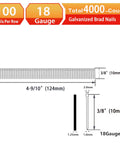 High Impact 18 Gauge Galvanized Brad Nails 3/8 Inch Length 4000 Count Box displayed with dimensions and specifications.