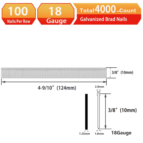 High Impact 18 Gauge Galvanized Brad Nails 3/8 Inch Length 4000 Count Box displayed with dimensions and specifications.