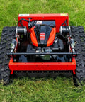 Heavy Duty Lawn Mower For Home Yards And Farms, crawler view on grass, ideal for rough terrain, reliable garden maintenance equipment