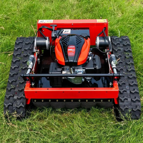 Heavy Duty Lawn Mower For Home Yards And Farms, crawler view on grass, ideal for rough terrain, reliable garden maintenance equipment