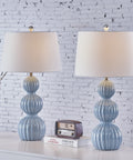 28 Inch Blue Ceramic Table Lamps Set Of 2 For Living Room And Bedroom Modern Coastal Nightstand Lamps With White Linen Shade
