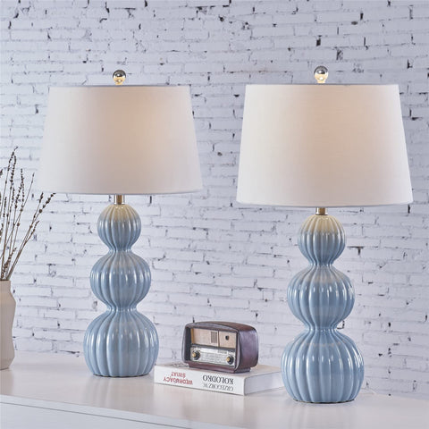 28 Inch Blue Ceramic Table Lamps Set Of 2 For Living Room And Bedroom Modern Coastal Nightstand Lamps With White Linen Shade