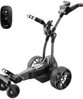 Smart Follow Me Electric Golf Cart With Wireless Remote And Rugged All Terrain Wheels Powered By A Beefy Thirty Six Hole Battery showing remote and front view.
