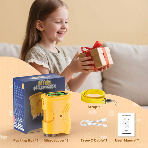 Girl with gift box, 1000X Handheld Digital Microscope For Kids Pocket Microscope With 2 Inch IPS Screen, box, strap, cable, manual shown