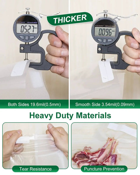 Quart Vacuum Sealer Bags For Food 8x11 Inch thickness measurements and puncture resistance demonstration with meat