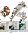 Stainless Steel Soft Close Cabinet Hinges With Hydraulic Self Closing For Kitchen Wardrobe And Cupboard Your Go To Hardware Easy Install Includes Screws And Plates 20 Pack Durable Quiet Mounting Hardware Included, showing hinge close-up and installation steps