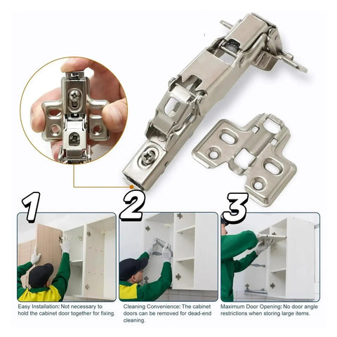 Stainless Steel Soft Close Cabinet Hinges With Hydraulic Self Closing For Kitchen Wardrobe And Cupboard Your Go To Hardware Easy Install Includes Screws And Plates 20 Pack Durable Quiet Mounting Hardware Included, showing hinge close-up and installation steps