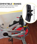 One Pair Replacement Brake Pads Kit For Indoor Bikes Compatible With IC Elite IC Pro DX900 Evolution Series Includes Felt Pads Screws And Springs Quiet Smooth Ride Easy Install next to stationary bike with components shown in detail.