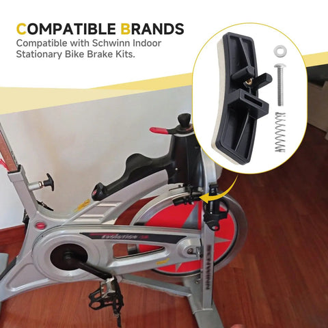 One Pair Replacement Brake Pads Kit For Indoor Bikes Compatible With IC Elite IC Pro DX900 Evolution Series Includes Felt Pads Screws And Springs Quiet Smooth Ride Easy Install next to stationary bike with components shown in detail.