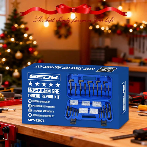 Top Shelf Sae Thread Repair Kit With Hss Drill Bits And Iron Tough Taps Includes Thread Inserts Installation Tools And Break Off Sets For Stripped Threads Hot Rod Builds And Metal Fabrication in blue case on workbench.