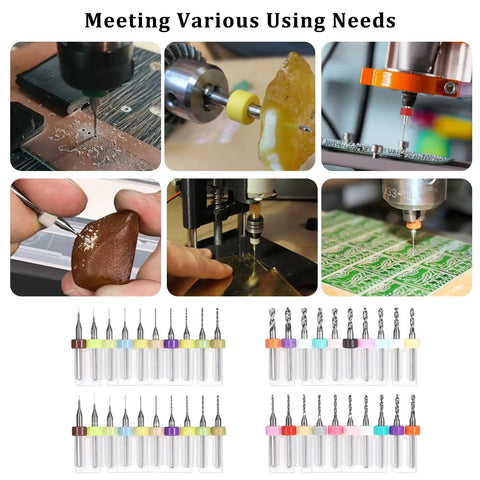 40 Pc PCB Drill Bit Set From 0.1mm To 3.0mm Micro Drill Bits With Spiral Flute Carbide shown in various crafting uses.