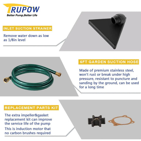 Inlet suction strainer, 6ft garden suction hose, and replacement parts kit for 12V DC Mini Portable Water Pump For Sump Drainage