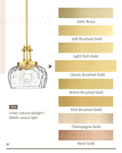 JAZAVA 10-Inch Brushed Gold Pendant Light, Modern Farmhouse Hanging Fixture with Ribbed Glass Shade, color options displayed.