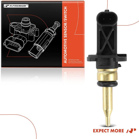 Front view of A-Premium temperature sensor with brass probe beside orange black packaging box.