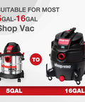 Comparison of 5-gallon and 16-gallon Shop-Vac models, suitable for use with High-Performance Cartridge Filter for Wet and Dry Vacuums