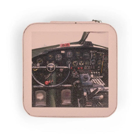 Pink Jewelry Travel Case With Plush Lining Ultra Compact 4 By 4 By 2 Inch Organizer For Rings Earrings And Necklaces Perfect For Purse Or Carry On Keeps Delicate Bling Safe On The Go, featuring an airplane cockpit design on the front.