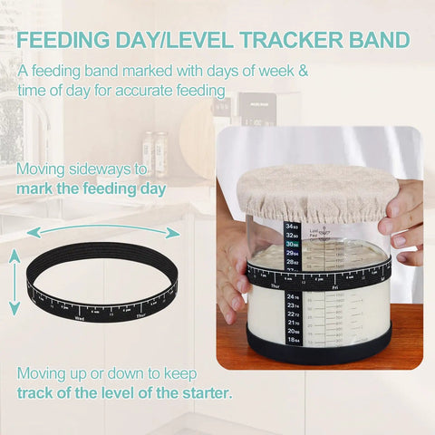 66 Oz Wide Mouth Sourdough Starter Jar Kit With Easy Read Ounce And ML Scale Lines For Real Date Marked Feeding Band Thermometer Sourdough Jar Scraper Cloth Cover And Bamboo Wood Lid Black showing feeding day tracker band