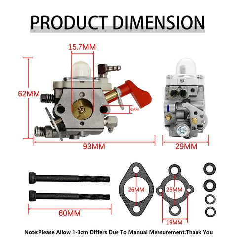 Beefed-Up Rc Car Carburetor For 23cc To 58cc Zenoah CY Engines with dimensions and parts shown