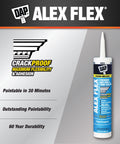 Alex Flex Premium Molding And Trim Siliconized Sealant White 10.1 Oz For Flexible Adhesion And Crackproof Seal On Crown Molding Chair Rails Baseboards And Trim Paintable In 30 Minutes displayed with packaging and features