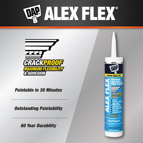 Alex Flex Premium Molding And Trim Siliconized Sealant White 10.1 Oz For Flexible Adhesion And Crackproof Seal On Crown Molding Chair Rails Baseboards And Trim Paintable In 30 Minutes displayed with packaging and features