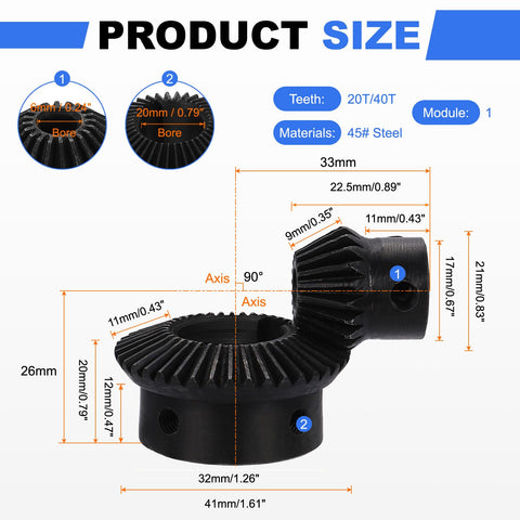 Two Pack Tapered Bevel Gear Set Module 1 Ratio 1 To 2 With 20T And 40T Gears Hardened Steel Straight Bevel Gears For 90 Degree Steering Motor Applications 6mm And 20mm Shaft Holes With Keyways