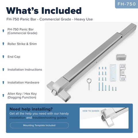 Heavy Duty Push Bar Panic Exit Device For Commercial Doors, Silver Finish, FS-750 with installation components shown
