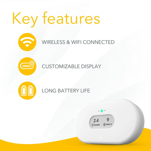Battery Powered Indoor Air Quality Monitor With Wi Fi Connectivity For Radon PM2 5 CO2 VOC Humidity Temperature And Air Pressure Real Time Readouts