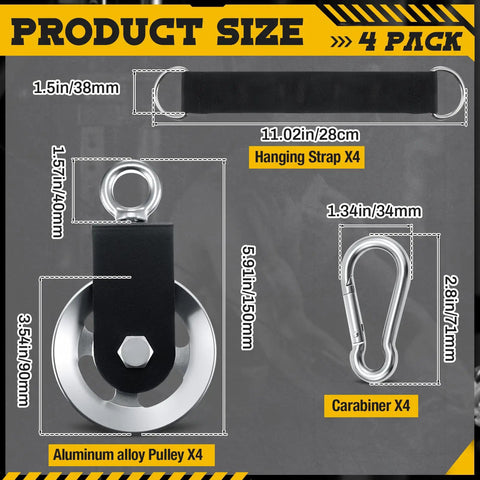 4 Pack Aluminum Cable Pulleys For Home Gym Pulley System 90mm Alloy Wheels Smooth Glide And Rust Resistant Durability Pro Grade Gym Accessories Go To Full Body Workouts At Home Silver, shown with strap and carabiner