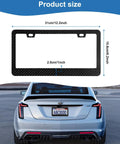Size diagram of License Plate Frames Front And Rear 2 Hole Carbon Fiber Style 2 Pack Car Tag Holder shown on a car.