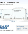 Six Panel Ready To Roll Glass Deck Railing Kit With No Stress Install dimensions diagram showing height, width adjustability, and glass types.