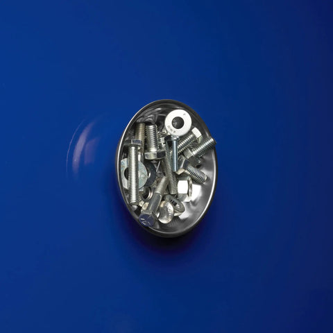 Magnetic dish holding screws and washers from Three Piece Magnetic Tray And Pick Up Tool Set With Magnetic Dish Extendable Magnet Pickup Tool And Telescoping Mirror Reaching Up To Nineteen Inches A Handy Garage And Shop Essential For Small Parts And Lost Screws on a blue surface.
