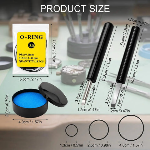 Beefy Watch Repair Kit With O Ring Gaskets And Seals, dimensions of tools and gaskets on a watchmaker's desk