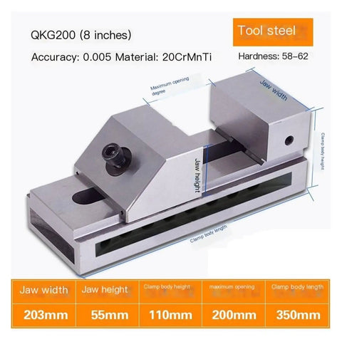 Workhorse Bench Vise Featuring Quick Release Flat Jaws And Deep V Groove Grip Tight On Round Or Square Stock No Hassle Shop Essential For Cnc Machining And Welding Jobs 8 Inch, shown with dimensions and material details in tool steel.