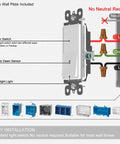 Diagram of 4 Pack Illuminated Light Switches No Neutral Wire Easy Install Single Pole Paddle Rocker With Night Light 15 Amp 120 Or 277 Volt Glossy White showcasing wiring and installation steps.