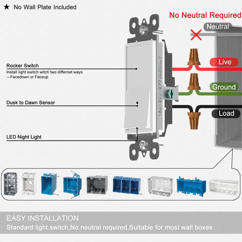 Diagram of 4 Pack Illuminated Light Switches No Neutral Wire Easy Install Single Pole Paddle Rocker With Night Light 15 Amp 120 Or 277 Volt Glossy White showcasing wiring and installation steps.