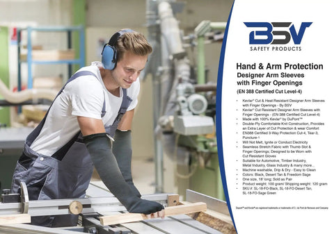Worker wearing Kevlar Arm Protection Sleeves With Finger Opening For All Day Comfort And Boss Level Cut Scratch Stab Bite And Heat Resistance, Unisex 18 Inch Black Arm Guards, 1 Pair For Industrial, Welding, Construction And DIY Projects, operating machinery.
