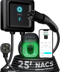 Plug And Play Level 2 EV Charger With Dope NACS Connector To Crank Your Battery Fast On Any 240 Volt Nema 14-50 Socket showing 25ft cable and app.