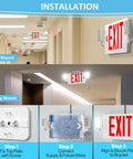 Installation guide for Two Pack Ultra Slim Double Sided LED Emergency Exit Sign With Back Up Battery 120 To 277V Universal US Standard Red Letter Fire Resistant Commercial Grade Housing UL 94V0 For Doors Halls Restaurants And Offices, showing steps for wall and ceiling mount.