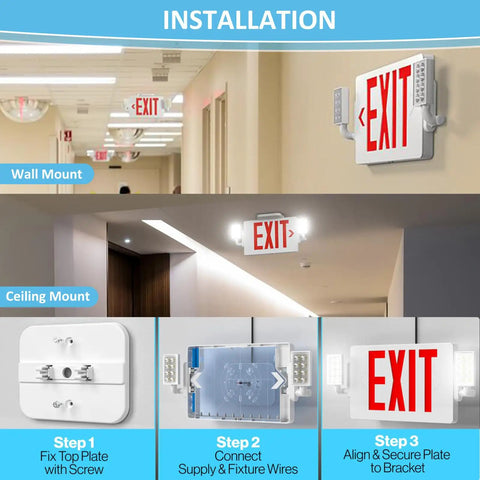 Installation guide for Two Pack Ultra Slim Double Sided LED Emergency Exit Sign With Back Up Battery 120 To 277V Universal US Standard Red Letter Fire Resistant Commercial Grade Housing UL 94V0 For Doors Halls Restaurants And Offices, showing steps for wall and ceiling mount.