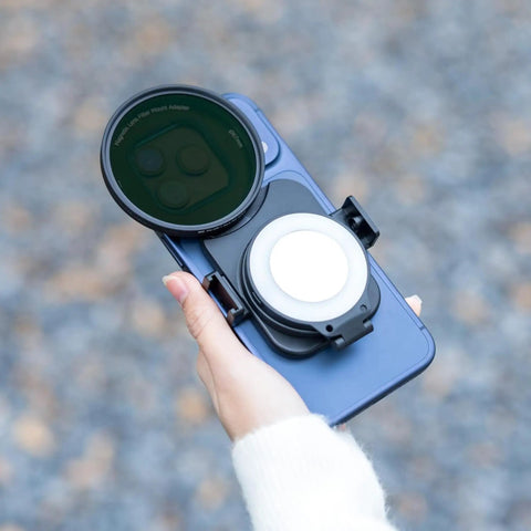 67mm Magnetic Double Sided Phone Lens Filter Adapter Mount With Cold Shoe on iPhone in hand