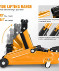 Low-Profile Hydraulic Trolley Floor Jack, 2 Ton Capacity, Lifting Range 5.1 To 13 Inches, Orange, side view showing lifting range