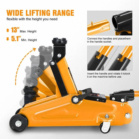 Low-Profile Hydraulic Trolley Floor Jack, 2 Ton Capacity, Lifting Range 5.1 To 13 Inches, Orange, side view showing lifting range