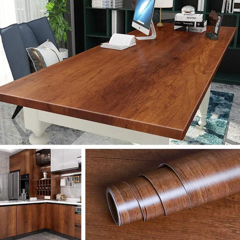 Brown Wood Grain Vinyl Wrap Peel And Stick Contact Paper For Cabinets And Furniture Waterproof Self Adhesive 15.8 By 78.8 Inch on table and roll