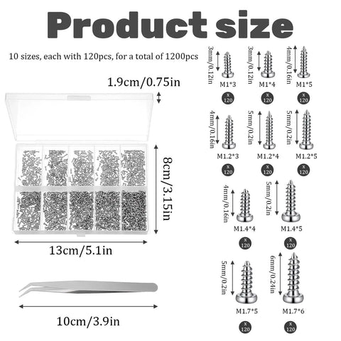 Ultra Handy Micro Screw Repair Kit with 1200Pcs stainless steel tiny screws in sizes M1, M1.2, M1.4, M1.7 shown in clear box