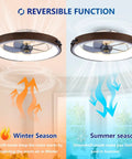 20" Walnut Flush Mount Ceiling Fan with LED Light showing reversible function for winter and summer use.