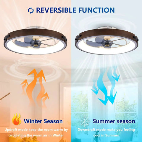 20" Walnut Flush Mount Ceiling Fan with LED Light showing reversible function for winter and summer use.