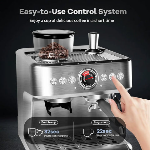 Semi Automatic Espresso Machine With Built In Grinder And Quick Milk Frother 20 Bar Pressure with easy-to-use control system.
