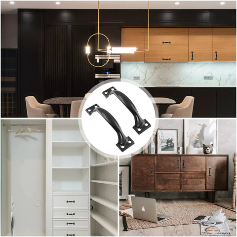 Set Of 2 Black Gate Handle Pulls 4.8 Inch Outdoor Garage Door Pull Handles With Screws Included shown on cabinets and drawers.
